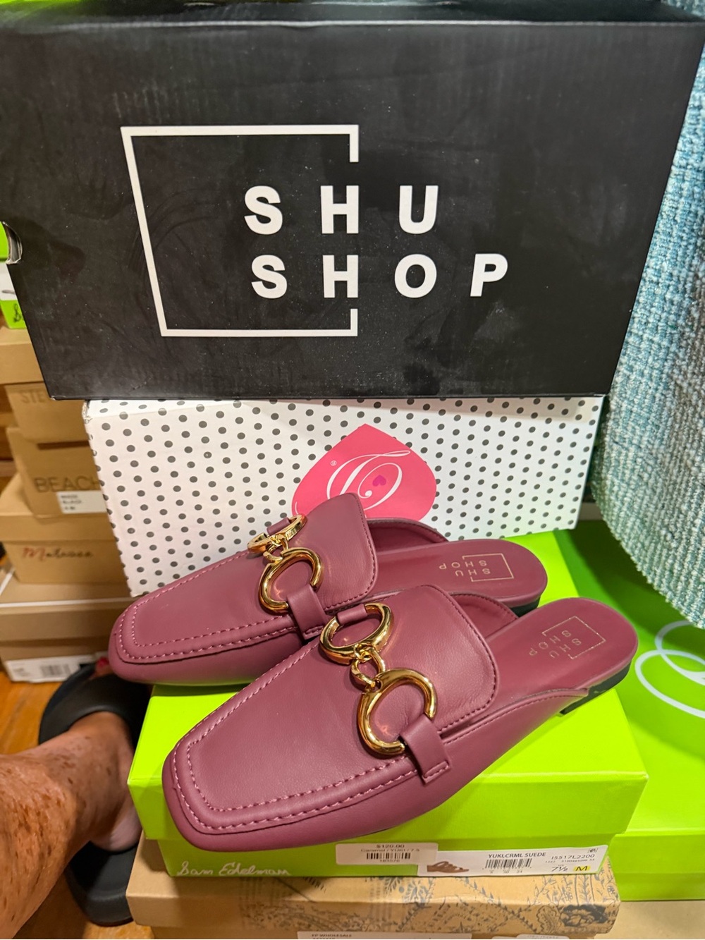 ShuShop Mauve Pink Leather Backless Loafers with Gold Chain